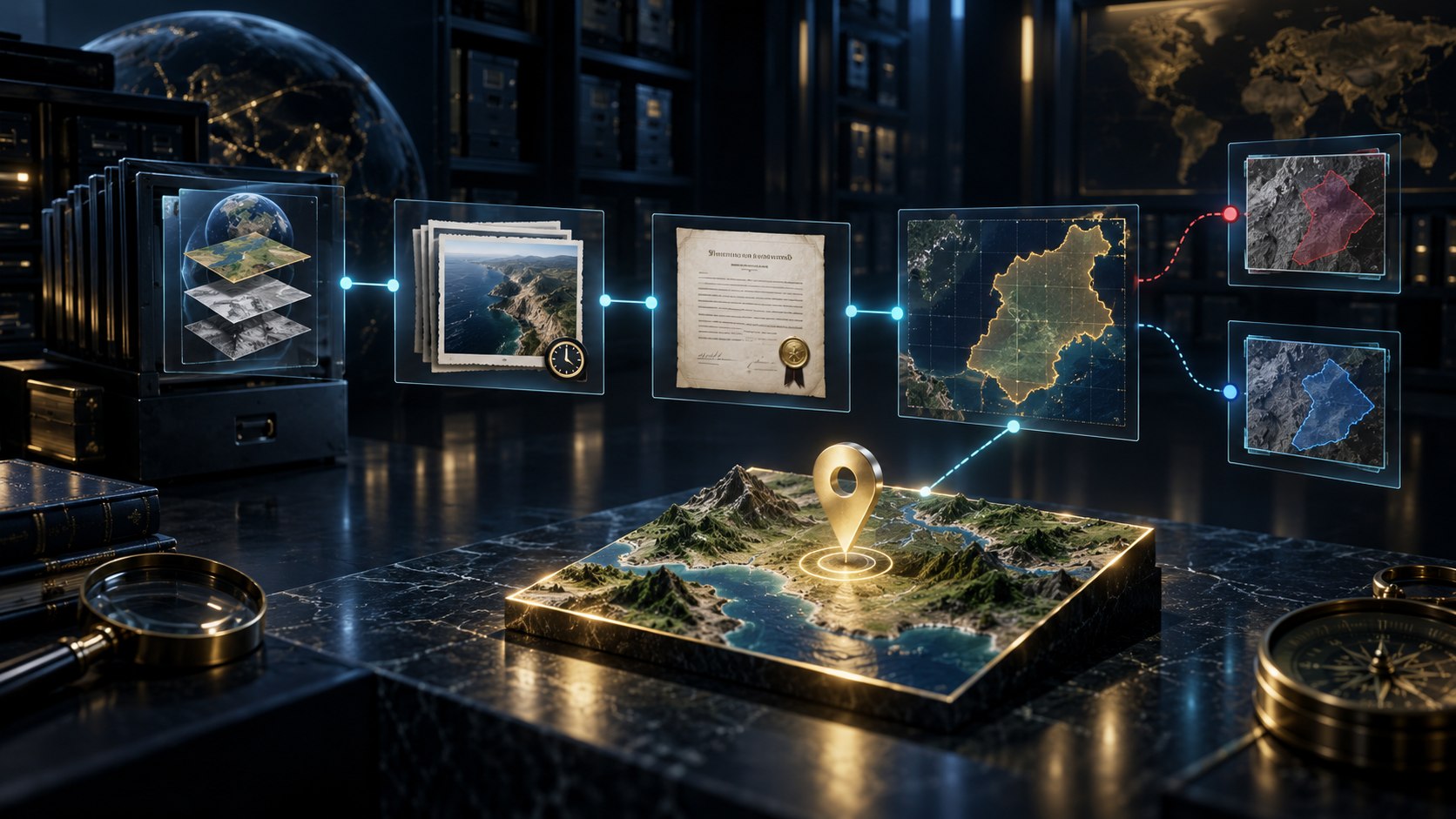 Illustration of source archive snapshot licence coverage and conflicting evidence connected to a fictional place