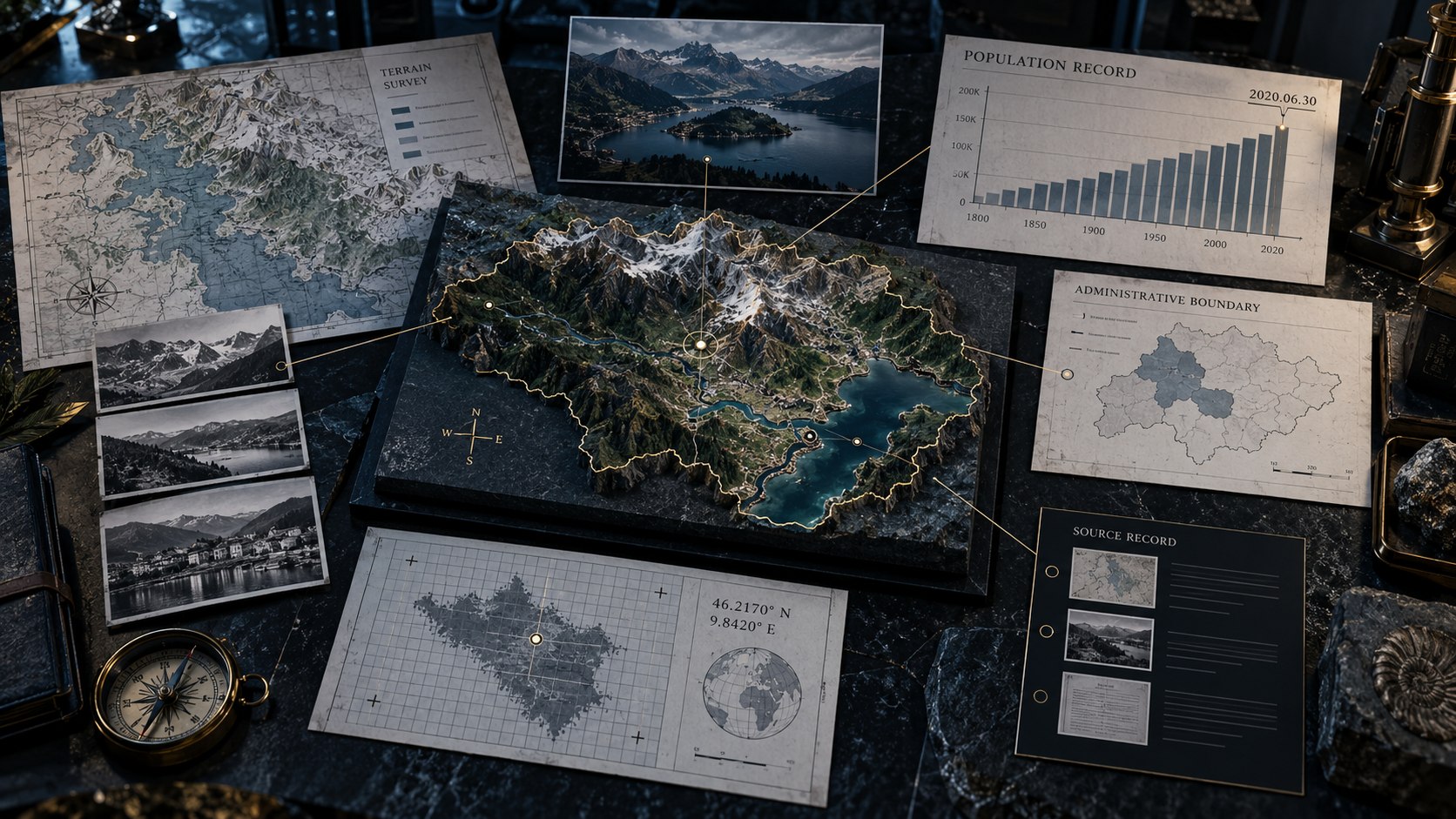 Illustration connecting a fictional place to terrain dated population boundaries coordinates and sources
