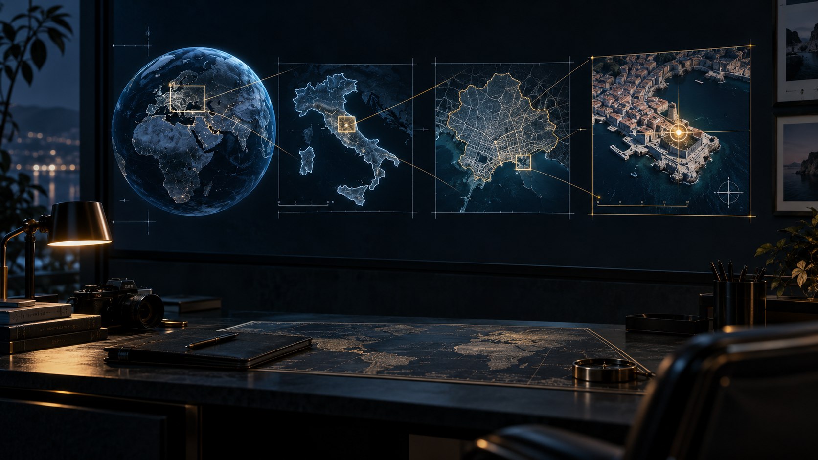 Illustration following geographic hierarchy from globe to country city and selected place