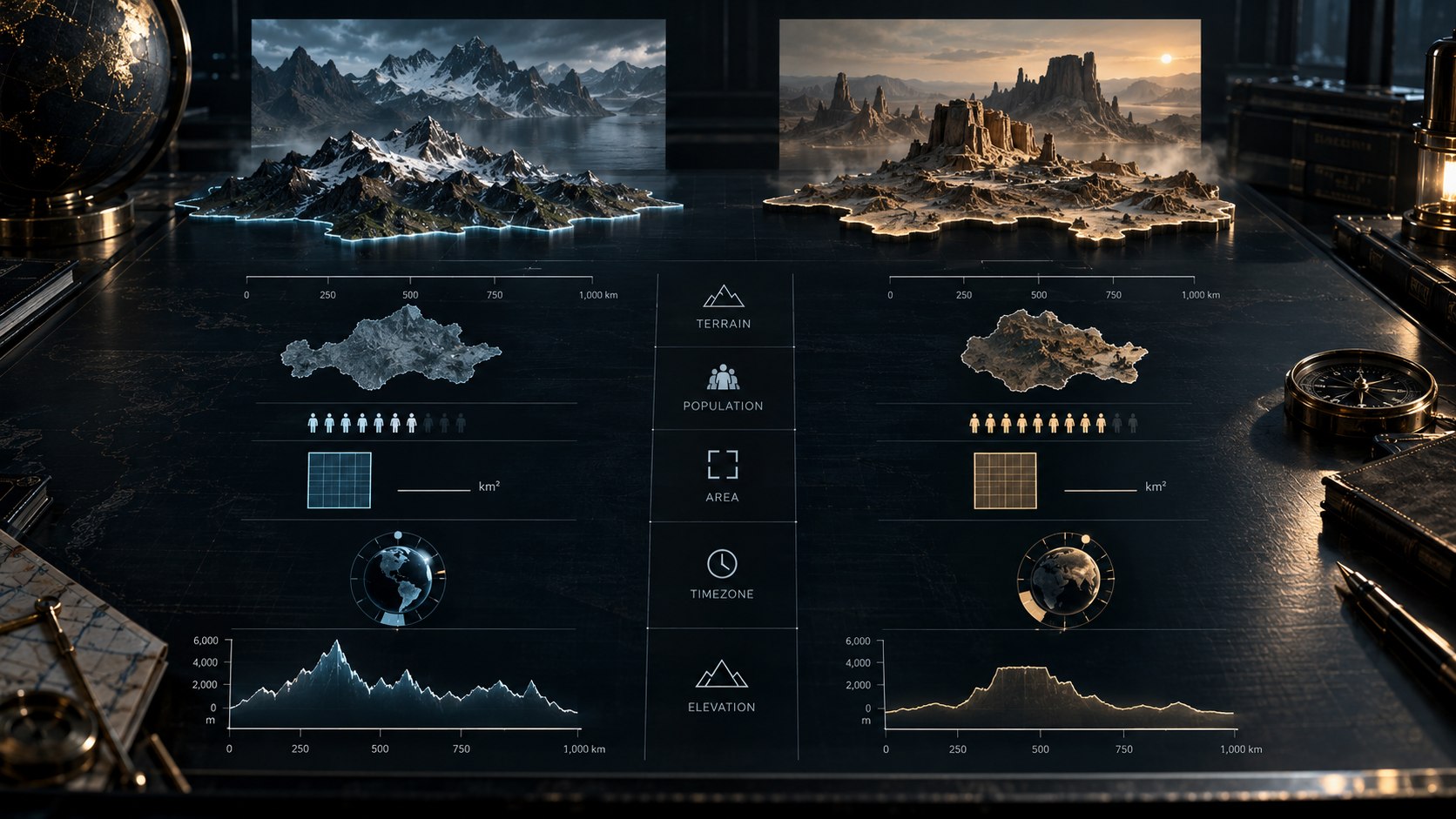 Illustration comparing two fictional places on terrain population area time zone and elevation scales